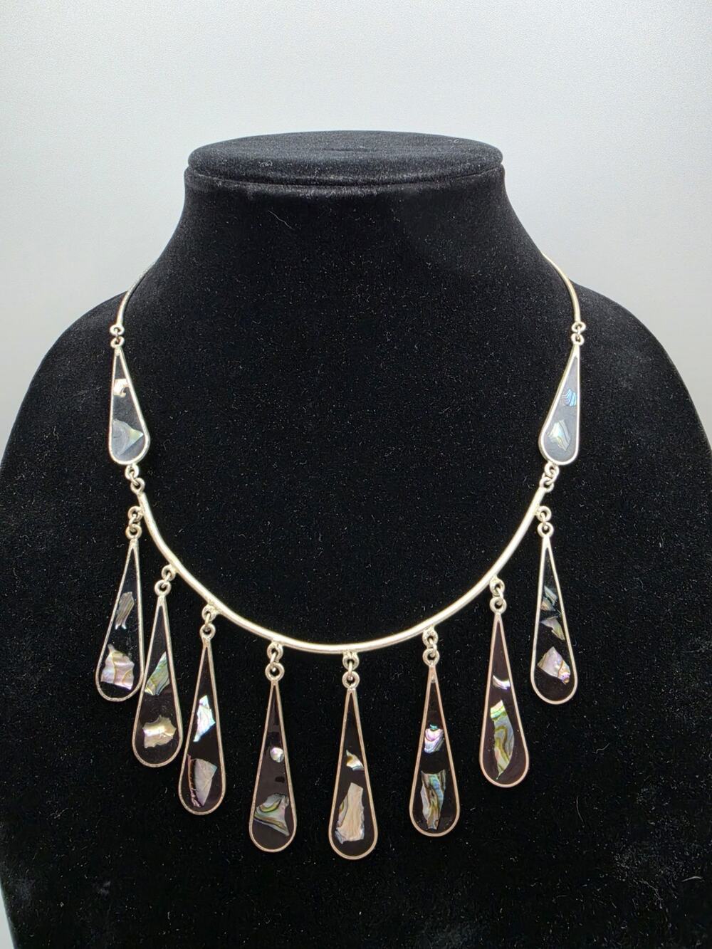 Vintage Bib Style Teardrop Inlaid Abalone Alpaca Mexico Necklace